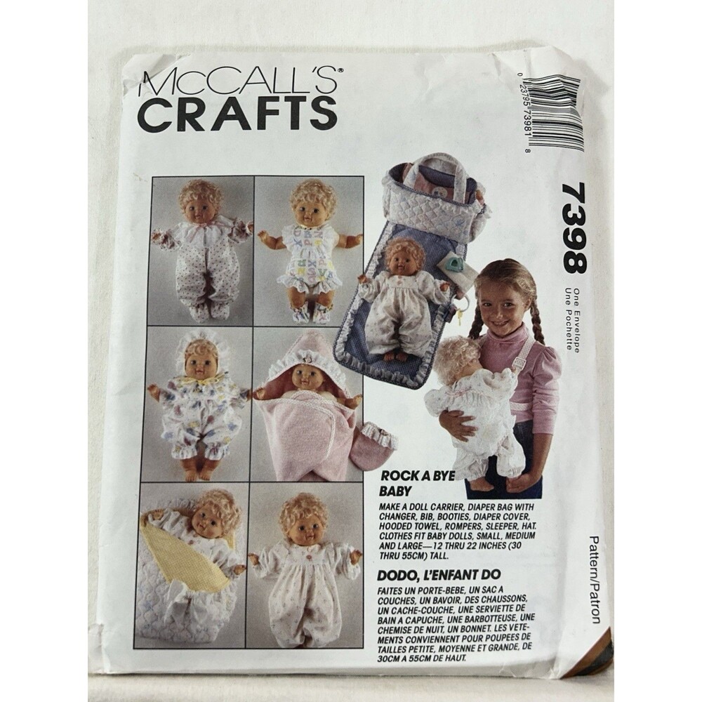 McCall's Crafts Pattern #7398 UNCUT Rock A Bye Baby 12" - 22" Doll Clothes